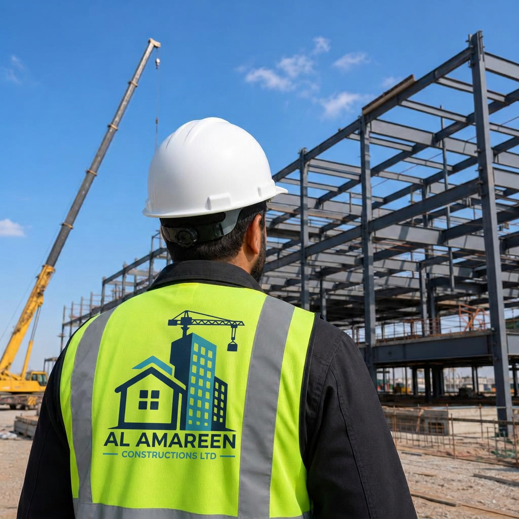 Al Amareen Constructions worker in a hard hat and green hi-vis vest with the company logo, facing a steel-frame building site
